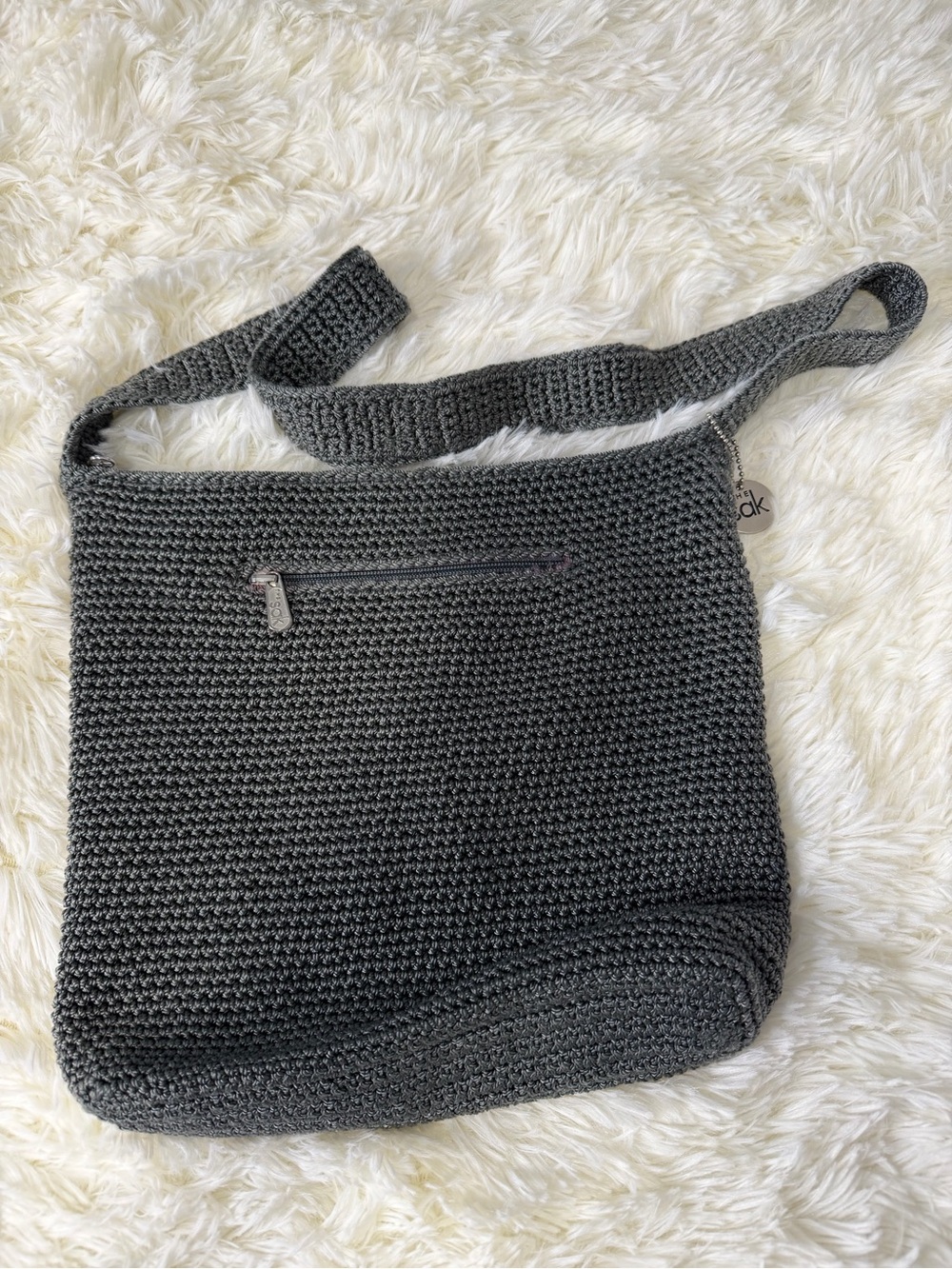 The Sak Gray Crochet Shoulder Bag – Boho Woven Crossbody Beach summer Retro - Picture 7 of 9
